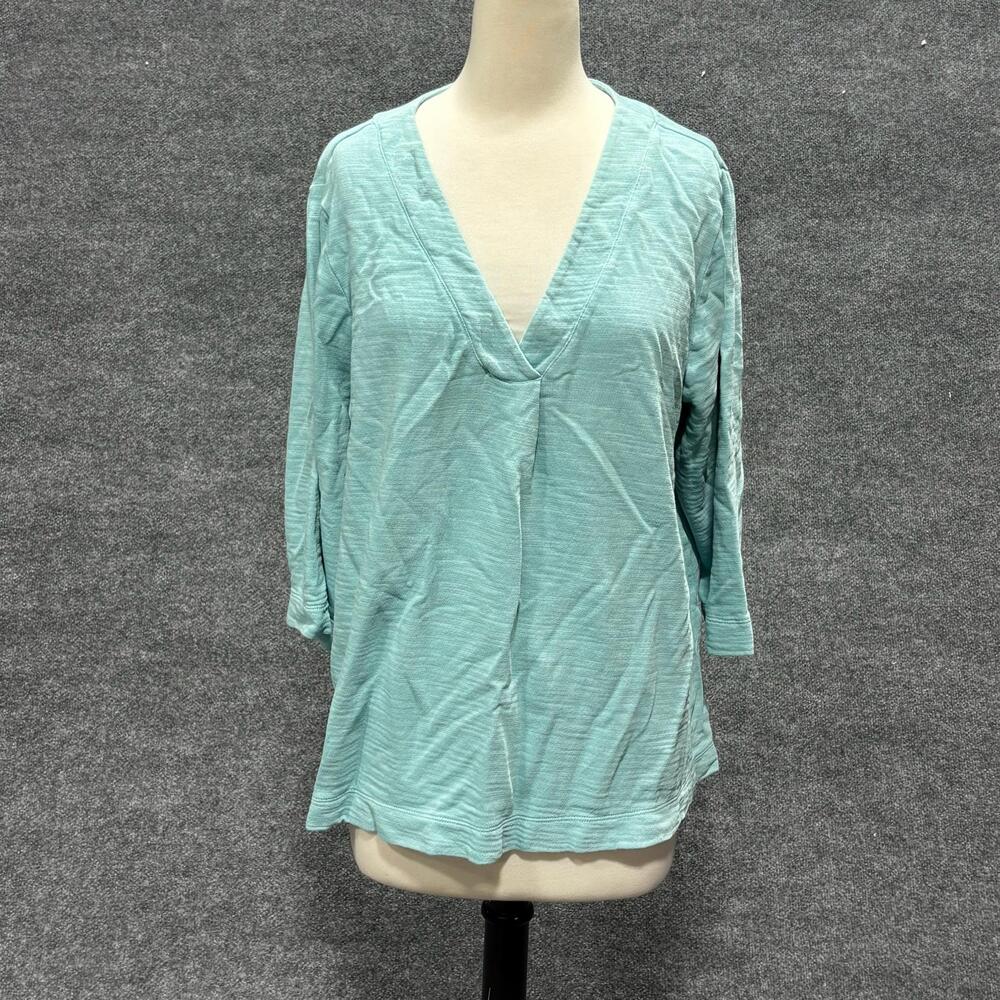Pure Jill Shirt Womens XL Green Blue V Neck 3/4 Sleeve Tunic Top Cotton Jersey